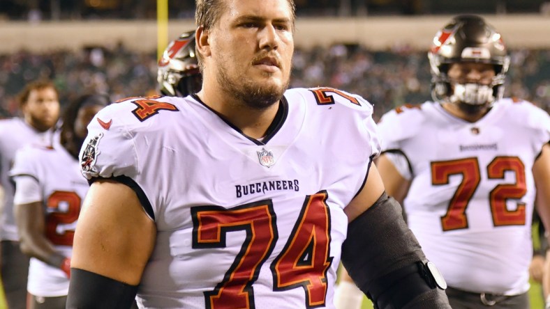 Oct 14, 2021; Philadelphia, Pennsylvania, USA; Tampa Bay Buccaneers guard Ali Marpet (74) against the Philadelphia Eagles at Lincoln Financial Field. Mandatory Credit: Eric Hartline-USA TODAY Sports