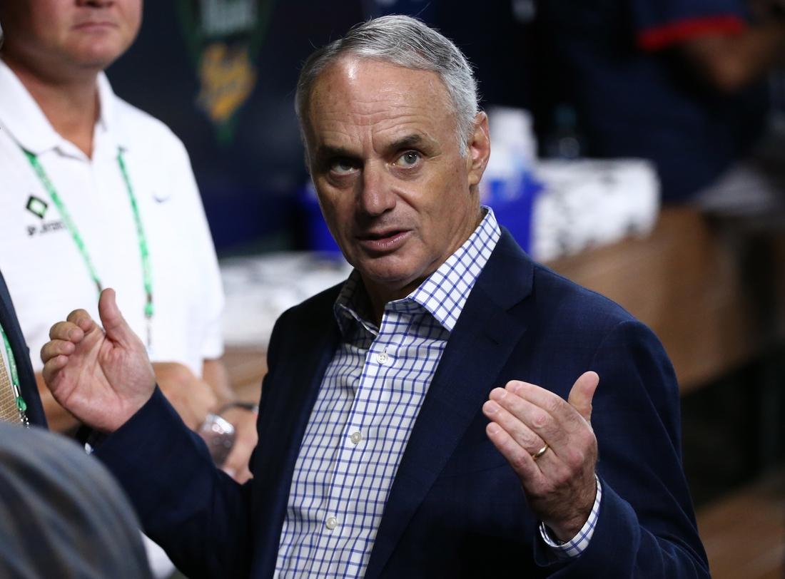 Oct 26, 2021; Houston, TX, USA; MLB commissioner Rob Manfred before game one of the 2021 World Series between the Houston Astros and Atlanta Braves at Minute Maid Park. Mandatory Credit: Troy Taormina-USA TODAY Sports