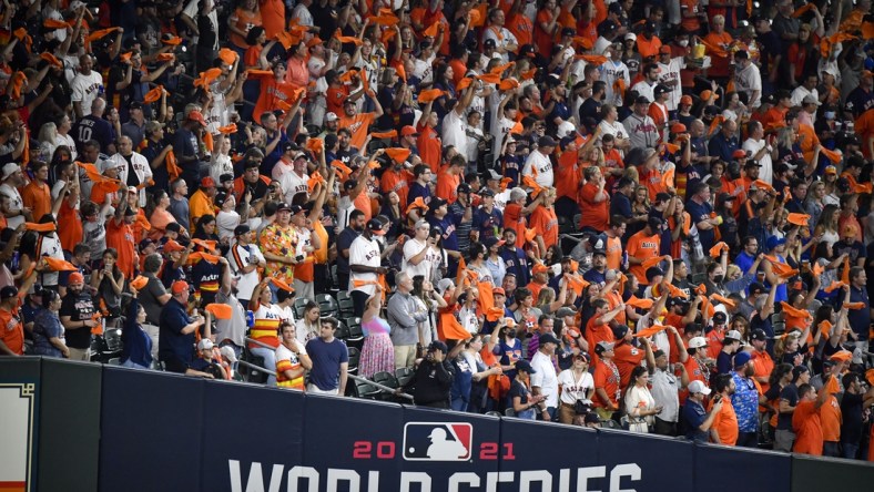 Oct 26, 2021; Houston, Texas, USA; A view of the Houston Astros fans and World Series logo during game one between the Houston Astros and the Atlanta Braves in the 2021 World Series at Minute Maid Park. Mandatory Credit: Jerome Miron-USA TODAY Sports