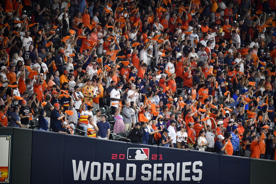 Oct 26, 2021; Houston, Texas, USA; A view of the Houston Astros fans and World Series logo during game one between the Houston Astros and the Atlanta Braves in the 2021 World Series at Minute Maid Park. Mandatory Credit: Jerome Miron-USA TODAY Sports