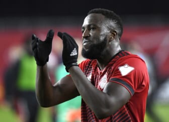 Oct 27, 2021; Toronto, Ontario, CAN;   Toronto FC forward Jozy Altidore (17) applauds supporters after a 2-2 draw with Philadelphia Union at BMO Field. Mandatory Credit: Dan Hamilton-USA TODAY Sports