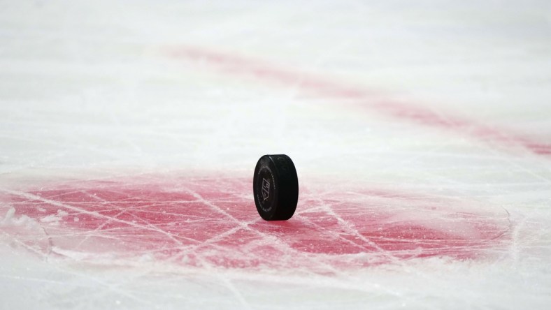 Oct 28, 2021; Los Angeles, California, USA; A detailed view of a NHL puck with the LA Kings logo in the first period of the game between the Winnipeg Jets and the Los Angeles Kings at Staples Center. Mandatory Credit: Kirby Lee-USA TODAY Sports