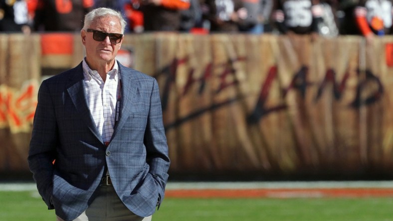 Cleveland Browns Managing and Principal Partner Jimmy Haslam watches his team warmup before an NFL football game, Sunday, Oct. 31, 2021, in Cleveland, Ohio. [Jeff Lange/Beacon Journal]

Browns Pregame 2