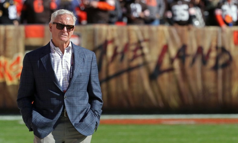 Cleveland Browns Managing and Principal Partner Jimmy Haslam watches his team warmup before an NFL football game, Sunday, Oct. 31, 2021, in Cleveland, Ohio. [Jeff Lange/Beacon Journal]

Browns Pregame 2