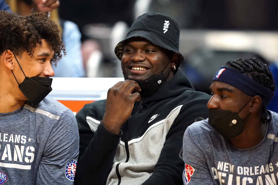 Nov 5, 2021; San Francisco, California, USA; New Orleans Pelicans forward Zion Williamson (1) sits on the bench during the second quarter against the Golden State Warriors at Chase Center. Mandatory Credit: Darren Yamashita-USA TODAY Sports