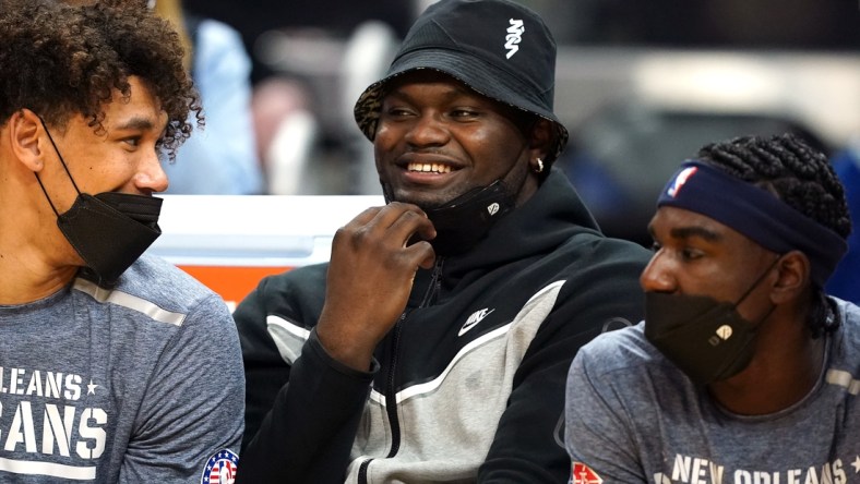 Nov 5, 2021; San Francisco, California, USA; New Orleans Pelicans forward Zion Williamson (1) sits on the bench during the second quarter against the Golden State Warriors at Chase Center. Mandatory Credit: Darren Yamashita-USA TODAY Sports