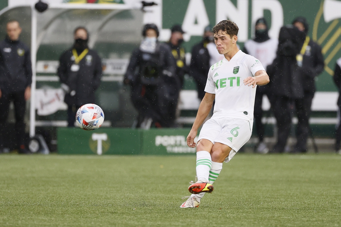 Nov 7, 2021; Portland, Oregon, USA; Austin FC midfielder Sebastian Berhalter (6) kicks the ball during the first half against the Portland Timbers at Providence Park. Mandatory Credit: Soobum Im-USA TODAY Sports