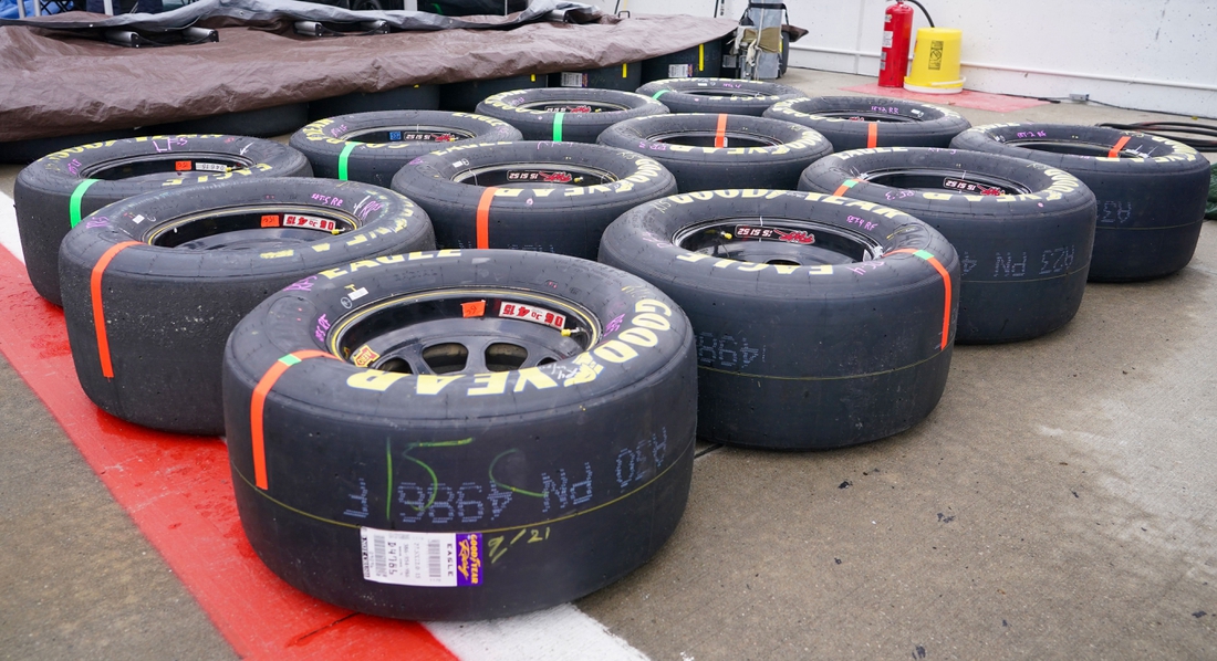 Oct 24, 2021; Kansas City, Kansas, USA; A general view of tires along pit row before the Hollywood Casino 400 at Kansas Speedway. Mandatory Credit: Denny Medley-USA TODAY Sports