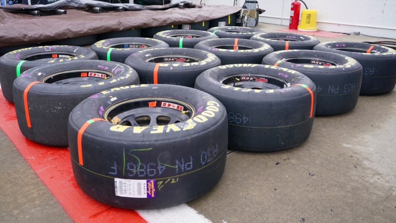 Oct 24, 2021; Kansas City, Kansas, USA; A general view of tires along pit row before the Hollywood Casino 400 at Kansas Speedway. Mandatory Credit: Denny Medley-USA TODAY Sports