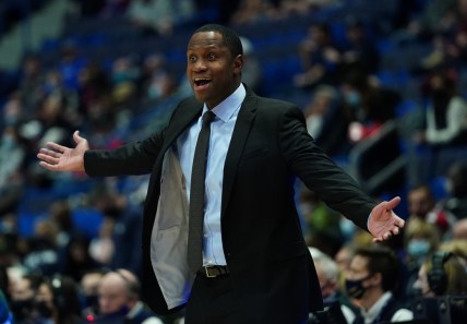 Nov 20, 2021; Hartford, Connecticut, USA; Binghamton Bearcats head coach Levell Sanders watches from the sideline as they take on the Connecticut Huskies in the first half at XL Center. Mandatory Credit: David Butler II-USA TODAY Sports