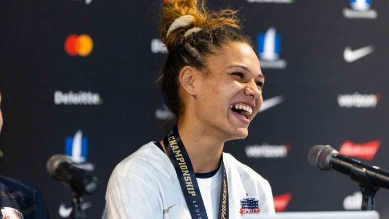 Nov 20, 2021; Louisville, Kentucky, USA; Washington Spirit forward Trinity Rodman (2) talks to the media following Washington Spirit's win in the NWSL Championship match against the Chicago Red Stars at Lynn Family Stadium. Mandatory Credit: Jordan Prather-USA TODAY Sports