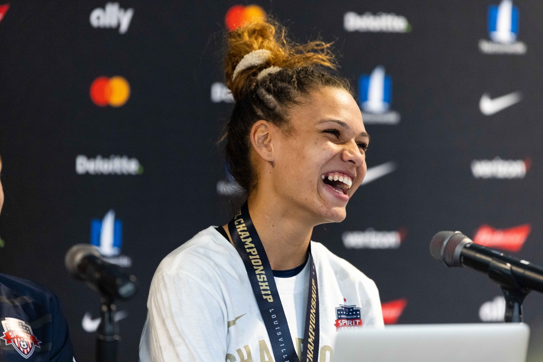 Nov 20, 2021; Louisville, Kentucky, USA; Washington Spirit forward Trinity Rodman (2) talks to the media following Washington Spirit's win in the NWSL Championship match against the Chicago Red Stars at Lynn Family Stadium. Mandatory Credit: Jordan Prather-USA TODAY Sports