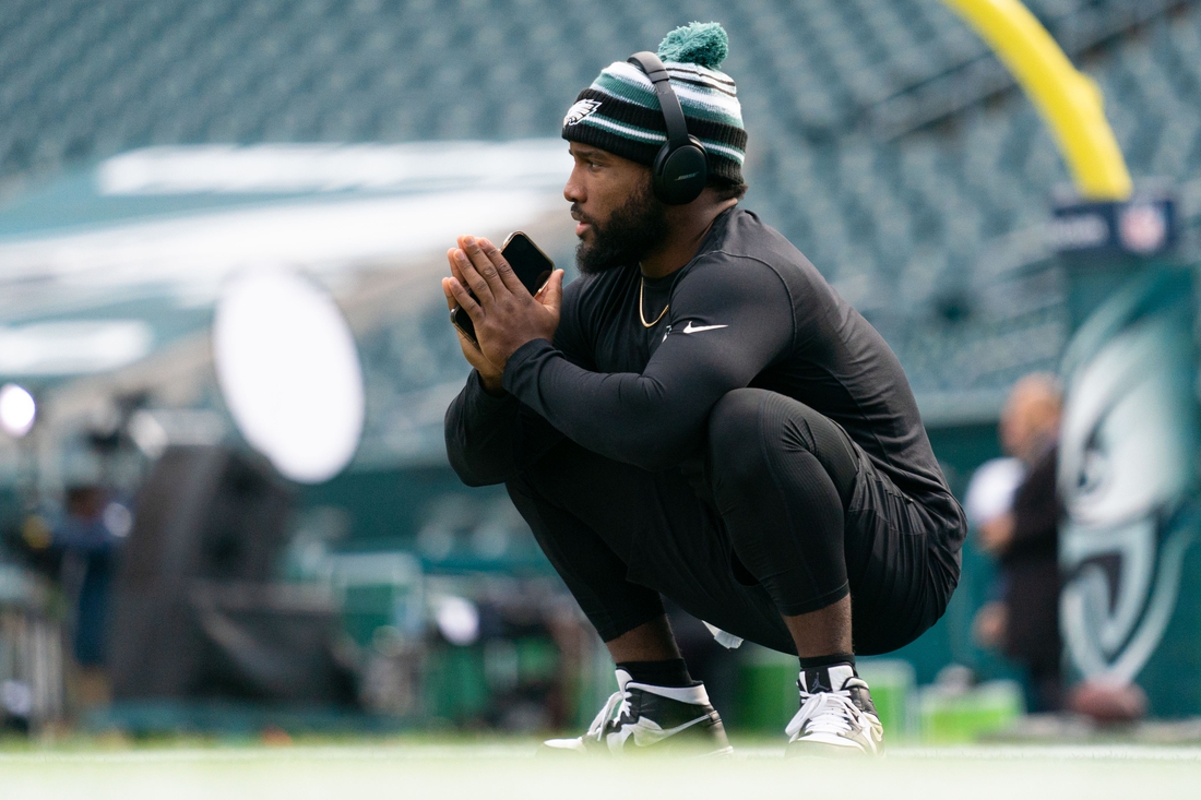 Nov 21, 2021; Philadelphia, Pennsylvania, USA; Philadelphia Eagles running back Boston Scott before action against the New Orleans Saints at Lincoln Financial Field. Mandatory Credit: Bill Streicher-USA TODAY Sports