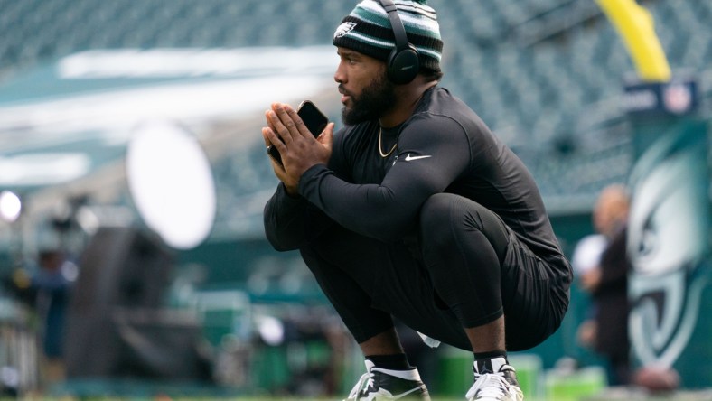 Nov 21, 2021; Philadelphia, Pennsylvania, USA; Philadelphia Eagles running back Boston Scott before action against the New Orleans Saints at Lincoln Financial Field. Mandatory Credit: Bill Streicher-USA TODAY Sports