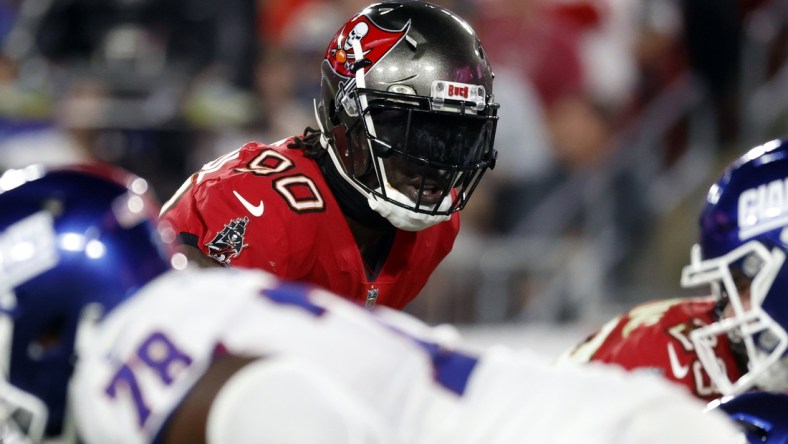 Nov 22, 2021; Tampa, Florida, USA;  Tampa Bay Buccaneers outside linebacker Jason Pierre-Paul (90) looks on against the New York Giants during the second quarter at Raymond James Stadium. Mandatory Credit: Kim Klement-USA TODAY Sports