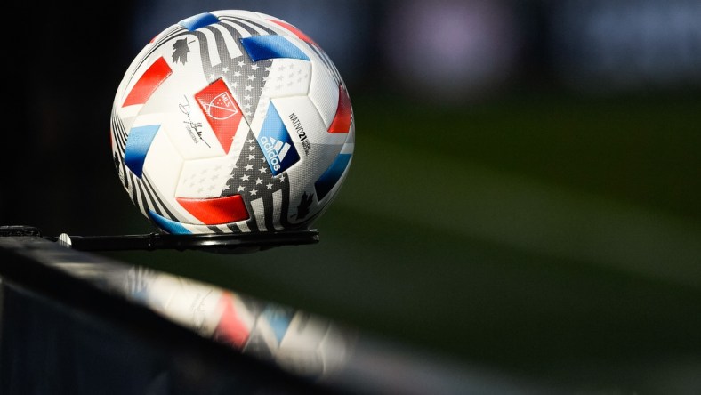 Nov 21, 2021; Montreal, Quebec, Canada; View of an official game ball during the first half at Stade Saputo. Mandatory Credit: David Kirouac-USA TODAY Sports