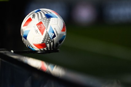 Nov 21, 2021; Montreal, Quebec, Canada; View of an official game ball during the first half at Stade Saputo. Mandatory Credit: David Kirouac-USA TODAY Sports