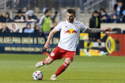 Nov 20, 2021; Chester, PA, USA; New York Red Bulls defender Tom Edwards (7) in action against the Philadelphia Union at Subaru Park. Mandatory Credit: Bill Streicher-USA TODAY Sports