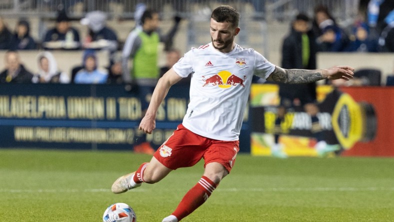 Nov 20, 2021; Chester, PA, USA; New York Red Bulls defender Tom Edwards (7) in action against the Philadelphia Union at Subaru Park. Mandatory Credit: Bill Streicher-USA TODAY Sports