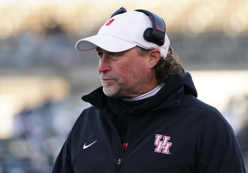 Nov 27, 2021; East Hartford, Connecticut, USA; Houston Cougars head coach Dana Holgorsen watches from the sideline as they take on the Connecticut Huskies in the second half at Rentschler Field at Pratt & Whitney Stadium. Mandatory Credit: David Butler II-USA TODAY Sports