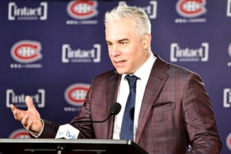 Nov 29, 2021; Montreal, Quebec, CAN; Montreal Canadiens head coach Dominique Ducharme during a press conference before the game against Vancouver Canucks at Bell Centre. Mandatory Credit: Jean-Yves Ahern-USA TODAY Sports