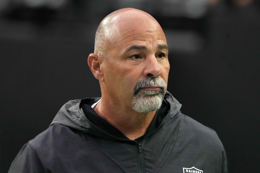 Dec 5, 2021; Paradise, Nevada, USA; Las Vegas Raiders interim coach Rich Bisaccia reacts against the Washington Football Team in the first half at Allegiant Stadium. Mandatory Credit: Kirby Lee-USA TODAY Sports