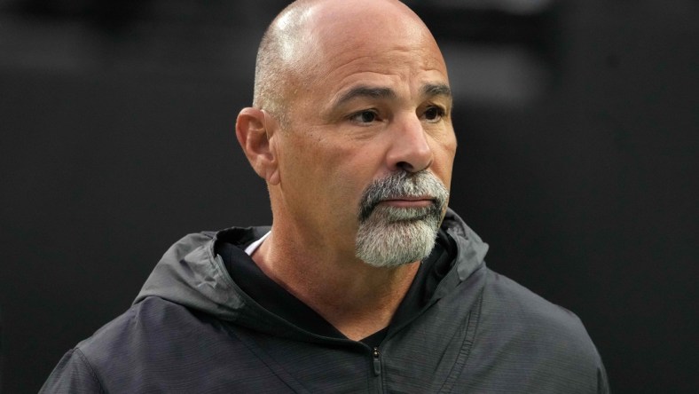 Dec 5, 2021; Paradise, Nevada, USA; Las Vegas Raiders interim coach Rich Bisaccia reacts against the Washington Football Team in the first half at Allegiant Stadium. Mandatory Credit: Kirby Lee-USA TODAY Sports