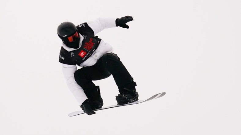 Dec 9, 2021; Copper Mountain, Colorado, USA; Shaun White of the United States takes a training run before snowboard qualifiers for the Toyota U.S. Grand Prix Snowboard / Freeski halfpipe event at Copper Mountain Main Vein Superpipe. Mandatory Credit: Michael Madrid-USA TODAY Sports