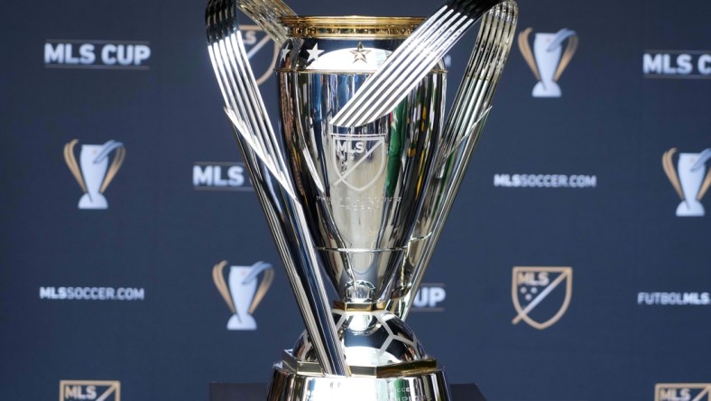 Dec 10, 2021; Portland, OR, USA;  A detailed view of the Philip F. Anschutz Trophy at Providence Park prior to the MLS Cup between the New York City FC and Portland Timbers. Mandatory Credit: Kirby Lee-USA TODAY Sports