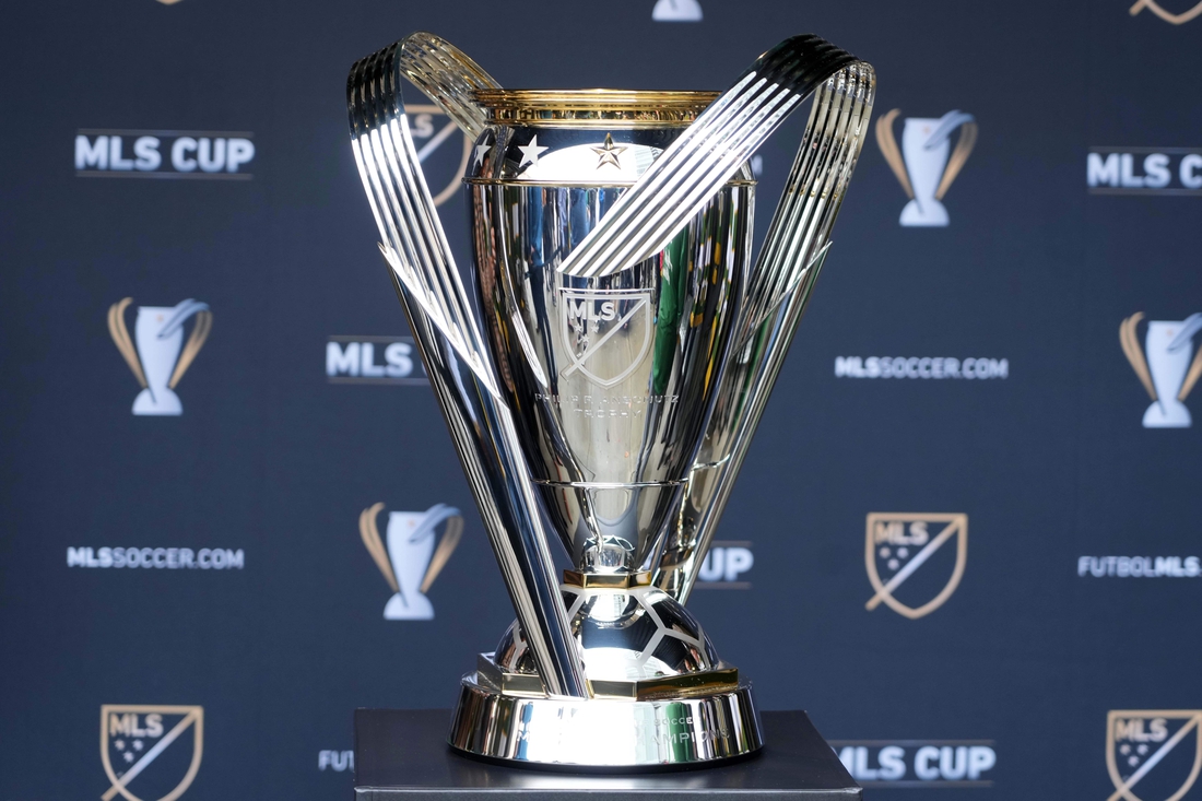 Dec 10, 2021; Portland, OR, USA;  A detailed view of the Philip F. Anschutz Trophy at Providence Park prior to the MLS Cup between the New York City FC and Portland Timbers. Mandatory Credit: Kirby Lee-USA TODAY Sports
