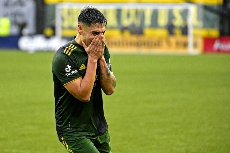 Dec 11, 2021; Portland, OR, USA; Portland Timbers forward Felipe Mora (9) celebrates scoring a goal during the second half against New York City FC  in the 2021 MLS Cup championship game at Providence Park. Mandatory Credit: Troy Wayrynen-USA TODAY Sports