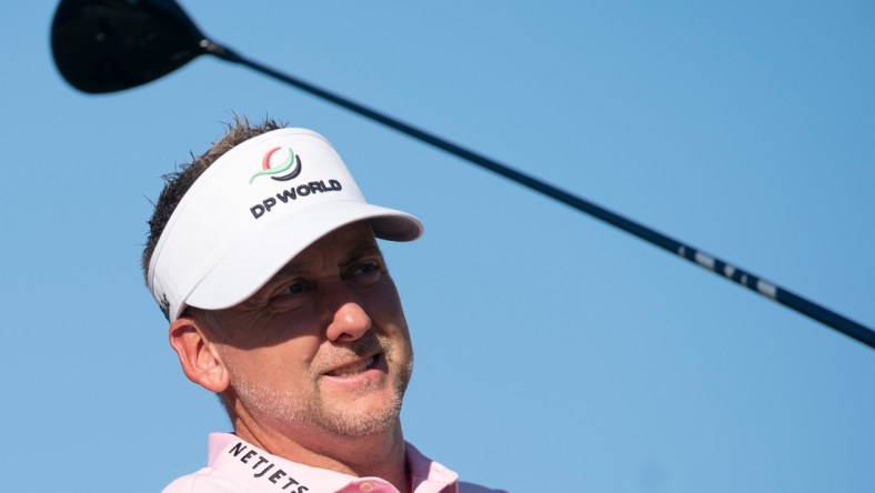 Ian Poulter (ENG) reacts after driving the ball off the first tee during the final round of the 2021 QBE Shootout, Sunday, Dec. 12, 2021, at Tibur  n Golf Club at The Ritz-Carlton Golf Resort in Naples, Fla.

2021 QBE Shootout final round