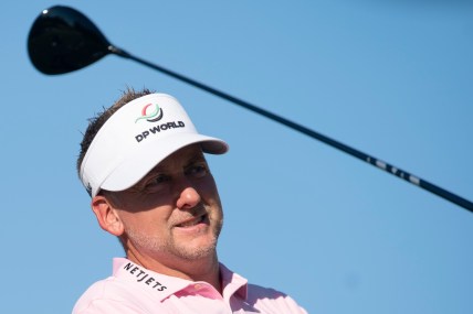 Ian Poulter (ENG) reacts after driving the ball off the first tee during the final round of the 2021 QBE Shootout, Sunday, Dec. 12, 2021, at Tibur  n Golf Club at The Ritz-Carlton Golf Resort in Naples, Fla.

2021 QBE Shootout final round
