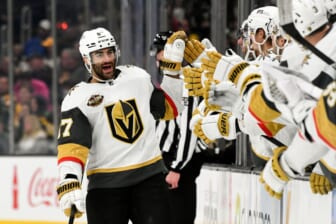 Dec 14, 2021; Boston, Massachusetts, USA; Vegas Golden Knights left wing Max Pacioretty (67) celebrates with his teammates after scoring against the Boston Bruins during the first period at the TD Garden. Mandatory Credit: Brian Fluharty-USA TODAY Sports