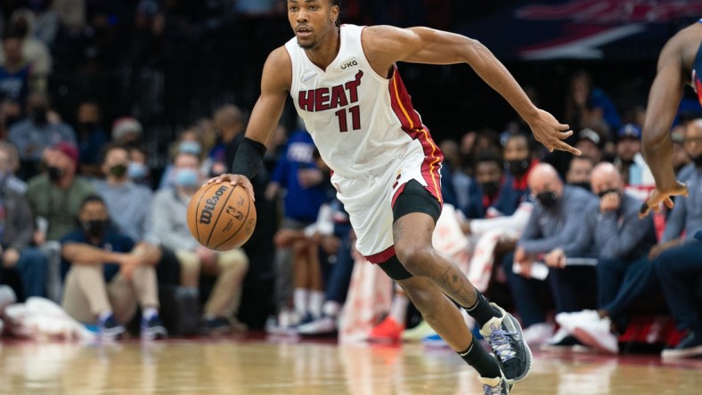 Dec 15, 2021; Philadelphia, Pennsylvania, USA; Miami Heat forward KZ Okpala (11) during the second quarter against the Philadelphia 76ers at Wells Fargo Center. Mandatory Credit: Bill Streicher-USA TODAY Sports