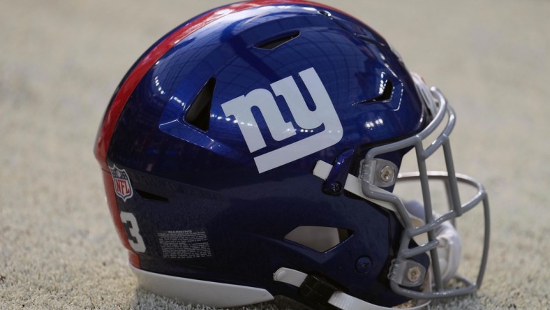 Dec 12, 2021; Inglewood, California, USA; A detailed view of  a New York Giants helmet at SoFi Stadium. Mandatory Credit: Kirby Lee-USA TODAY Sports