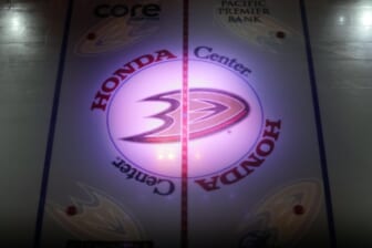 Dec 17, 2021; Anaheim, California, USA; A general overall view of the Anaheim Ducks logo at center ice at the Honda Center. Mandatory Credit: Kirby Lee-USA TODAY Sports
