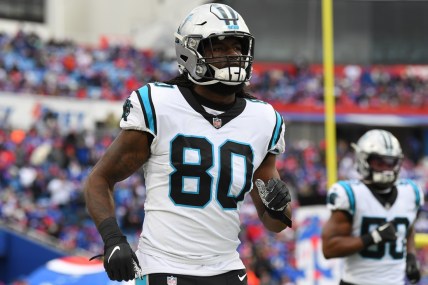 Dec 19, 2021; Orchard Park, New York, USA; Carolina Panthers tight end Ian Thomas (80) jogs on the field prior to the game against the Buffalo Bills at Highmark Stadium. Mandatory Credit: Rich Barnes-USA TODAY Sports