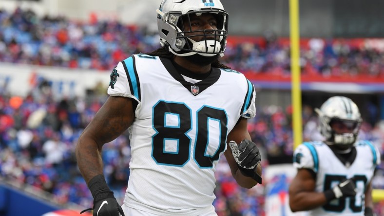 Dec 19, 2021; Orchard Park, New York, USA; Carolina Panthers tight end Ian Thomas (80) jogs on the field prior to the game against the Buffalo Bills at Highmark Stadium. Mandatory Credit: Rich Barnes-USA TODAY Sports