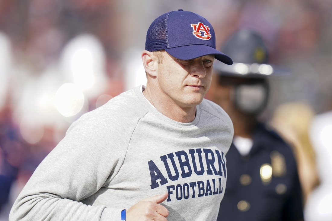 Dec 28, 2021; Birmingham, Alabama, USA; Auburn Tigers head coach Bryan Harsin during the first half of the 2021 Birmingham Bowl against Houston at Protective Stadium. Mandatory Credit: Marvin Gentry-USA TODAY Sports