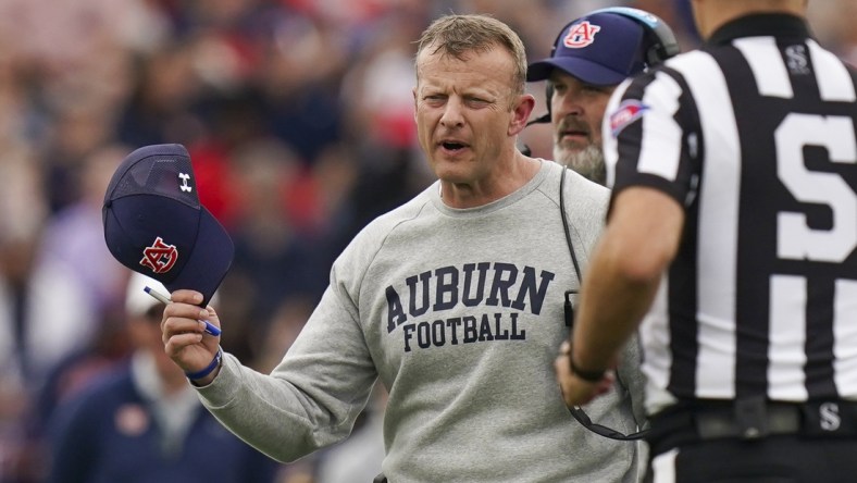 Dec 28, 2021; Birmingham, Alabama, USA; Auburn Tigers head coach Bryan Harsin during the second half against the Houston Cougars during 2021 Birmingham Bowl at Protective Stadium. Mandatory Credit: Marvin Gentry-USA TODAY Sports