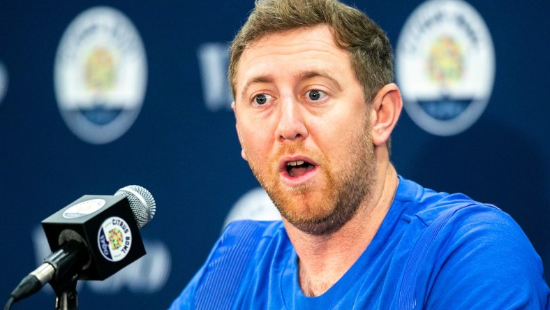 Kentucky offensive coordinator Liam Coen speaks during a news conference for the Vrbo Citrus Bowl, Wednesday, Dec. 29, 2021, at the Rosen Plaza Hotel in Orlando, Fla.

211229 Iowa Kentucky Presser 012 Jpg