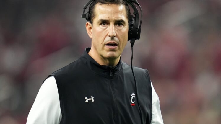 Cincinnati Bearcats head coach Luke Fickell paces the sideline in the second quarter during the College Football Playoff semifinal game against the Alabama Crimson Tide at the 86th Cotton Bowl Classic, Friday, Dec. 31, 2021, at AT&T Stadium in Arlington, Texas.