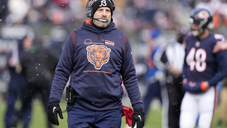 Jan 2, 2022; Chicago, Illinois, USA; Chicago Bears head coach Matt Nagy during the first quarter against the New York Giants at Soldier Field. Mandatory Credit: Mike Dinovo-USA TODAY Sports