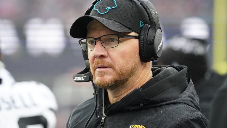 Jan 2, 2022; Foxborough, Massachusetts, USA; Jacksonville Jaguars interim head coach Darrell Bevell watches from the sideline as they take on the New England Patriots in the first half at Gillette Stadium. Mandatory Credit: David Butler II-USA TODAY Sports