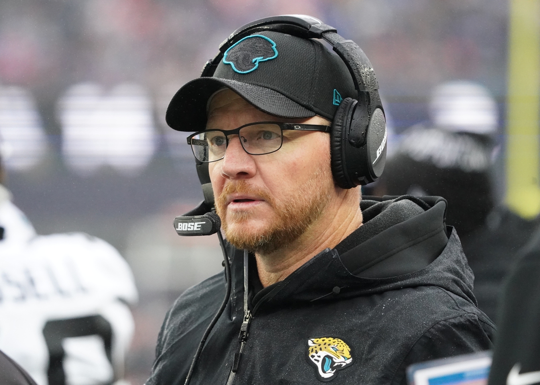 Jan 2, 2022; Foxborough, Massachusetts, USA; Jacksonville Jaguars interim head coach Darrell Bevell watches from the sideline as they take on the New England Patriots in the first half at Gillette Stadium. Mandatory Credit: David Butler II-USA TODAY Sports