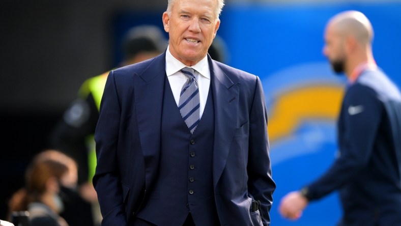 Jan 2, 2022; Inglewood, California, USA;  Denver Broncos president of football operations John Elway looks on before the game against the Los Angeles Chargers at SoFi Stadium. Mandatory Credit: Jayne Kamin-Oncea-USA TODAY Sports