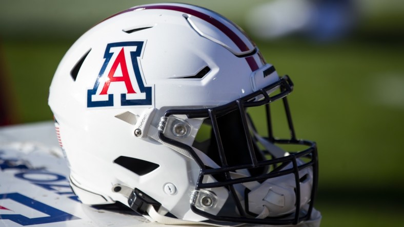 Nov 27, 2021; Tempe, Arizona, USA; Detailed view of an Arizona Wildcats helmet during the Territorial Cup at Sun Devil Stadium. Mandatory Credit: Mark J. Rebilas-USA TODAY Sports