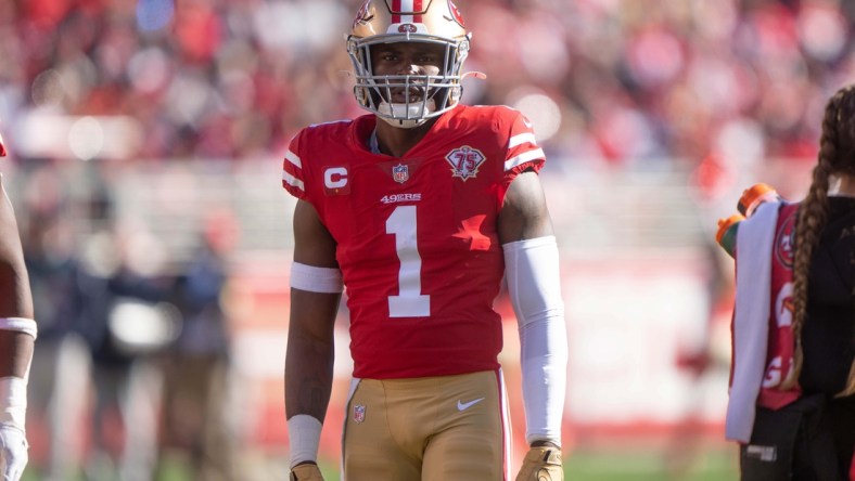 Jan 2, 2022; Santa Clara, California, USA;  San Francisco 49ers free safety Jimmie Ward (1) during the second quarter against the Houston Texans at Levi's Stadium. Mandatory Credit: Stan Szeto-USA TODAY Sports