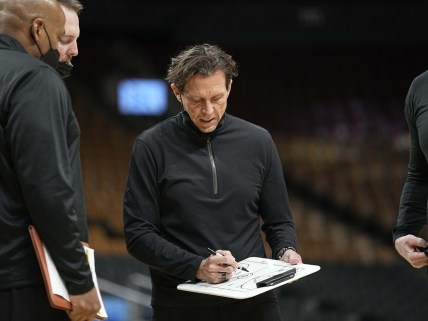Jan 7, 2022; Toronto, Ontario, CAN; Utah Jazz head coach Quin Snyder draws up a play during a break in the action against the Toronto Raptors during the first half at Scotiabank Arena. Mandatory Credit: John E. Sokolowski-USA TODAY Sports